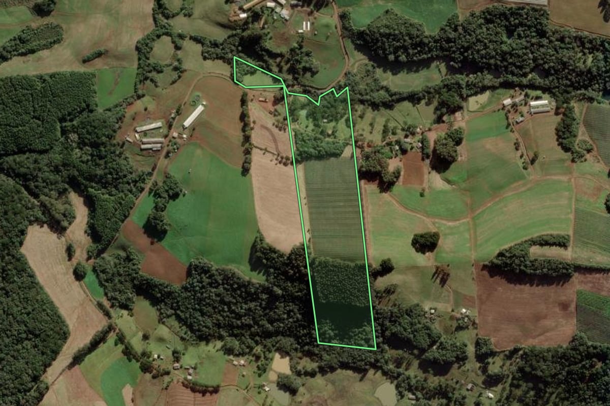 Imagem de satélite do imóvel rural em Fraiburgo (SC), com o contorno declarado no CAR desenhado por cima.