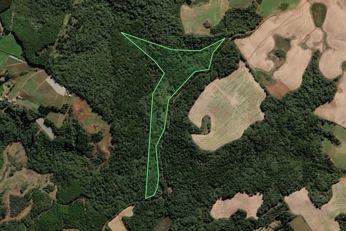 Imagem de satélite do imóvel rural em Fraiburgo (SC), com o contorno declarado no CAR desenhado por cima.