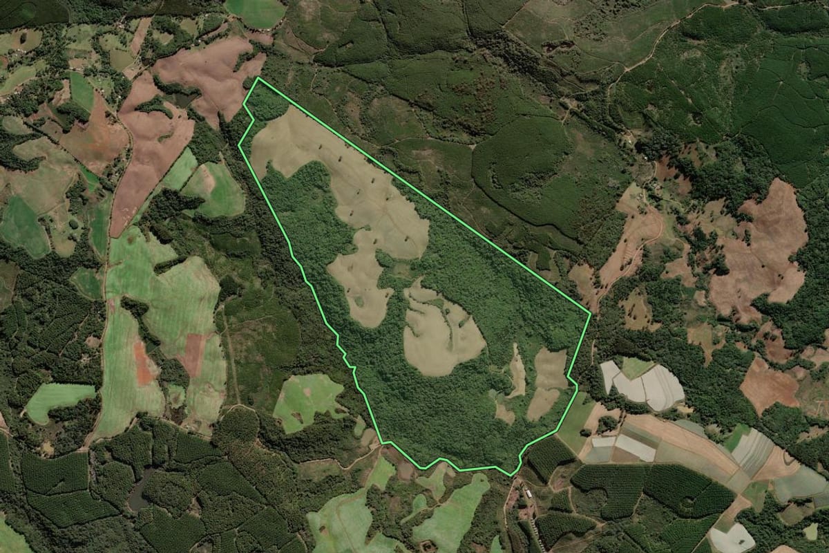 Imagem de satélite do imóvel rural em Fraiburgo (SC), com o contorno declarado no CAR desenhado por cima.