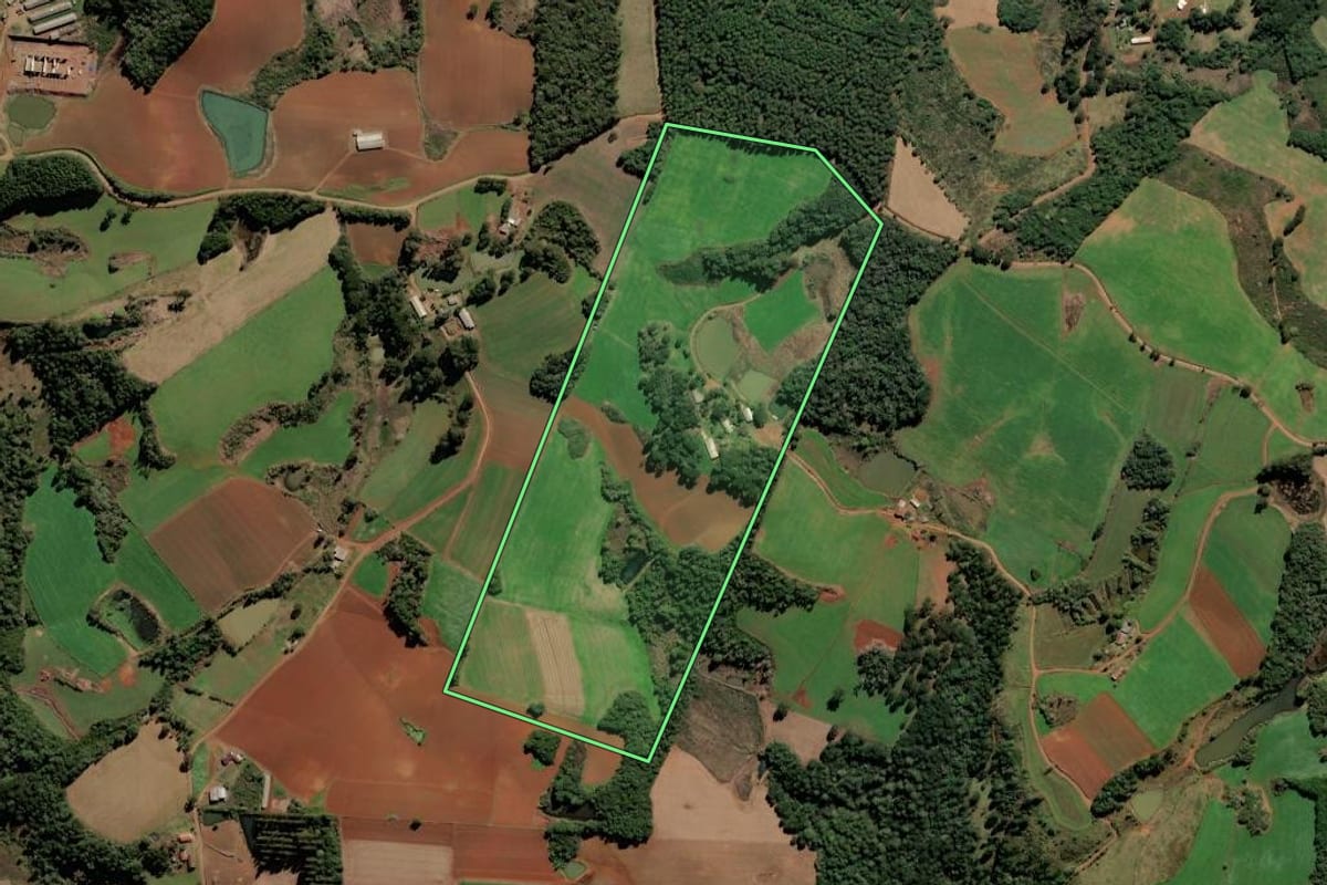 Imagem de satélite do imóvel rural em Frei Rogério (SC), com o contorno declarado no CAR desenhado por cima.