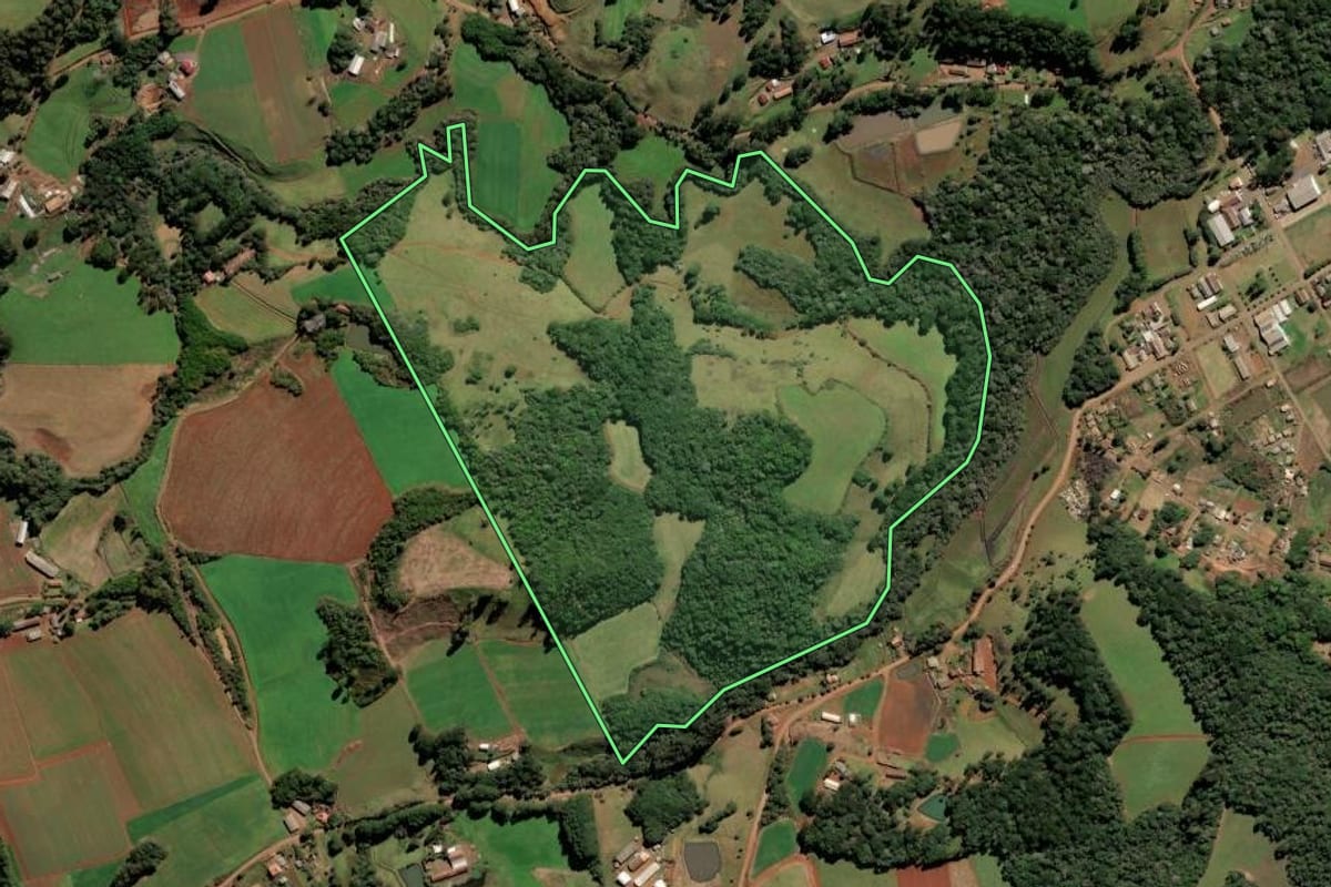 Imagem de satélite do imóvel rural em Frei Rogério (SC), com o contorno declarado no CAR desenhado por cima.