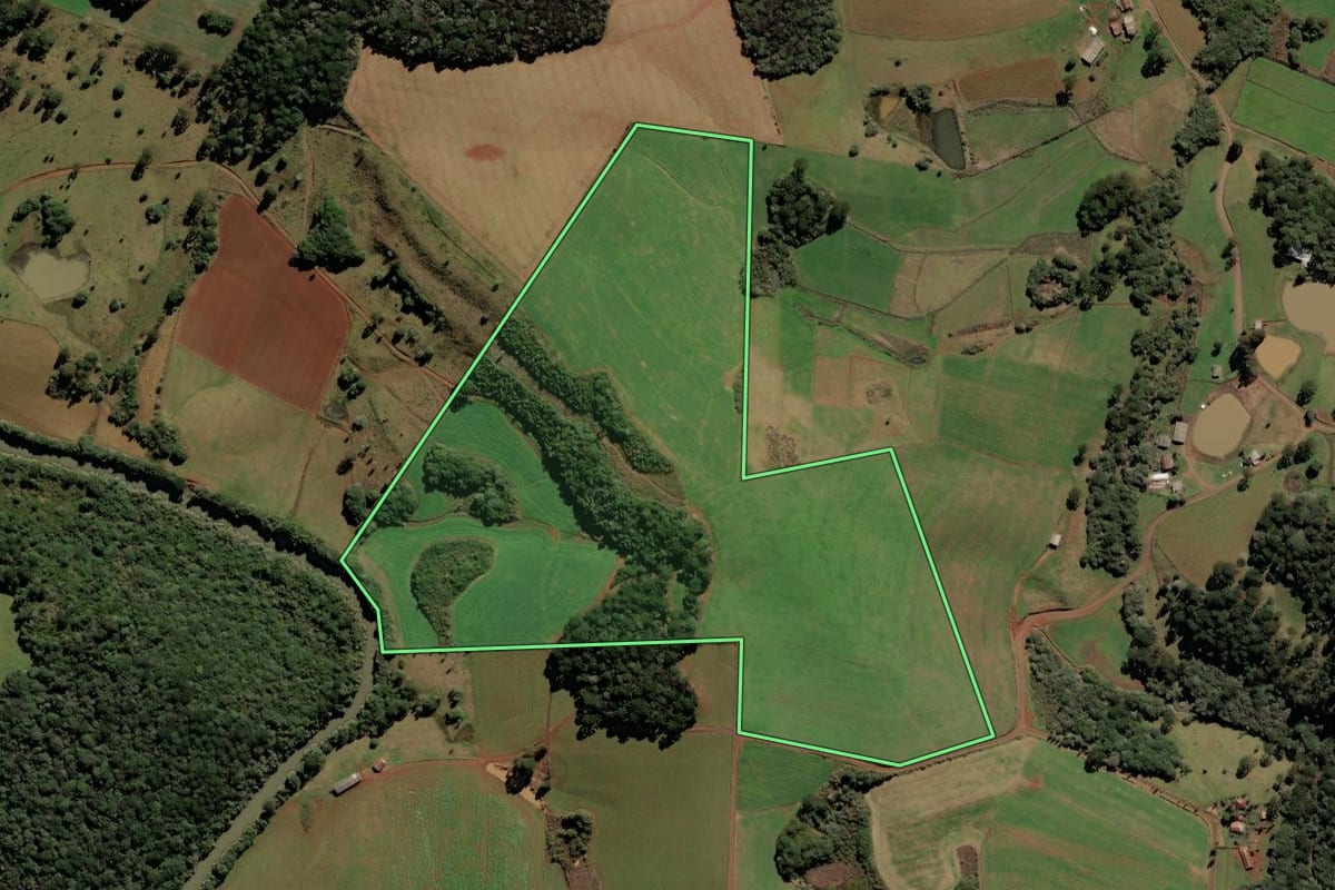 Imagem de satélite do imóvel rural em Frei Rogério (SC), com o contorno declarado no CAR desenhado por cima.
