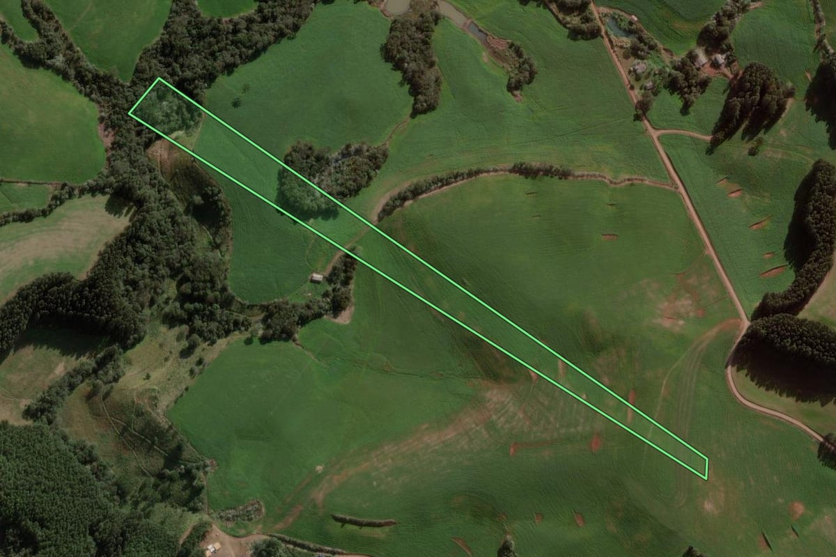 Imagem de satélite do imóvel rural em Galvão (SC), com o contorno declarado no CAR desenhado por cima.