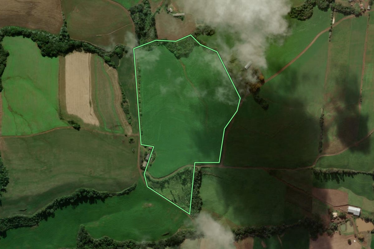 Imagem de satélite do imóvel rural em Galvão (SC), com o contorno declarado no CAR desenhado por cima.