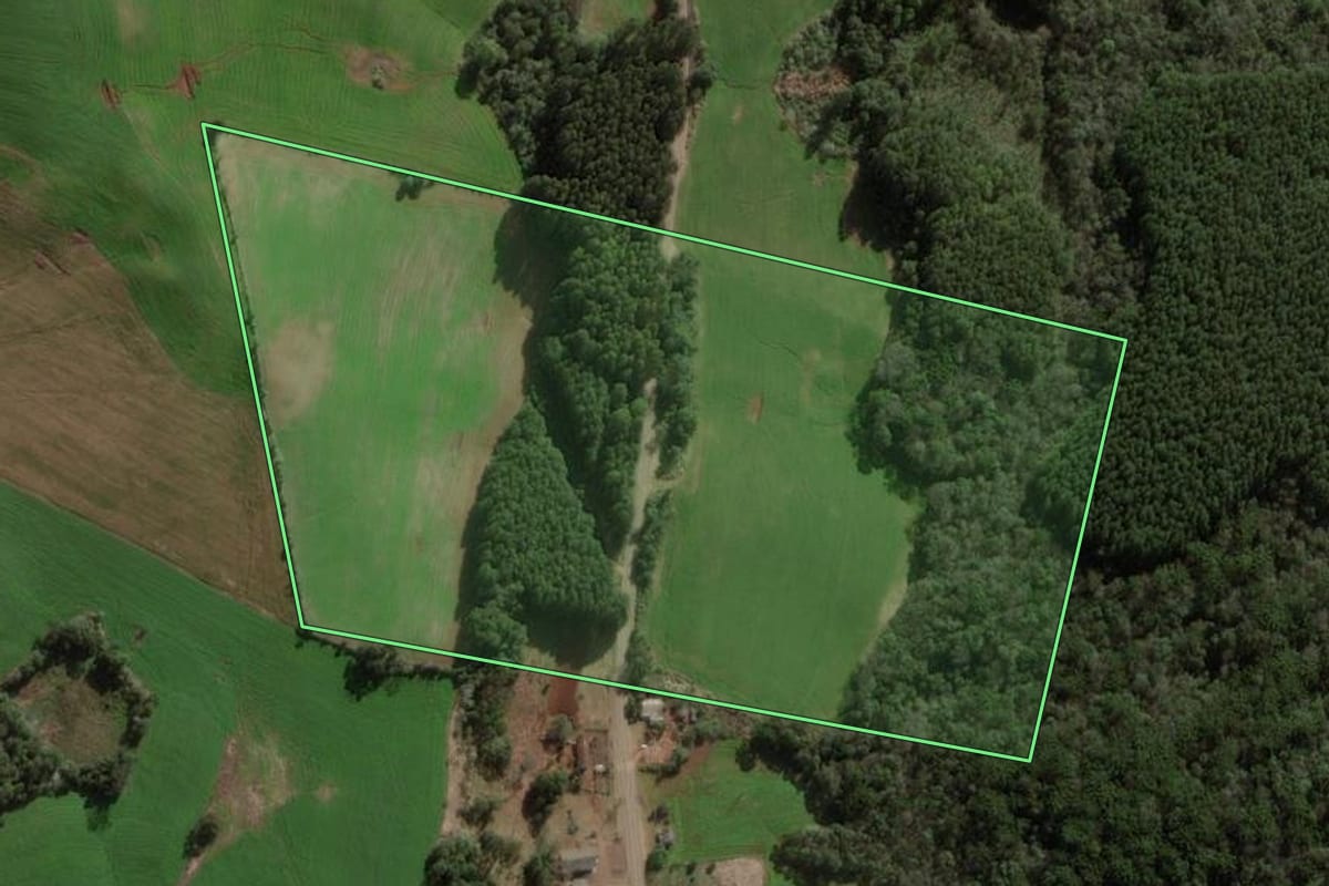 Imagem de satélite do imóvel rural em Galvão (SC), com o contorno declarado no CAR desenhado por cima.