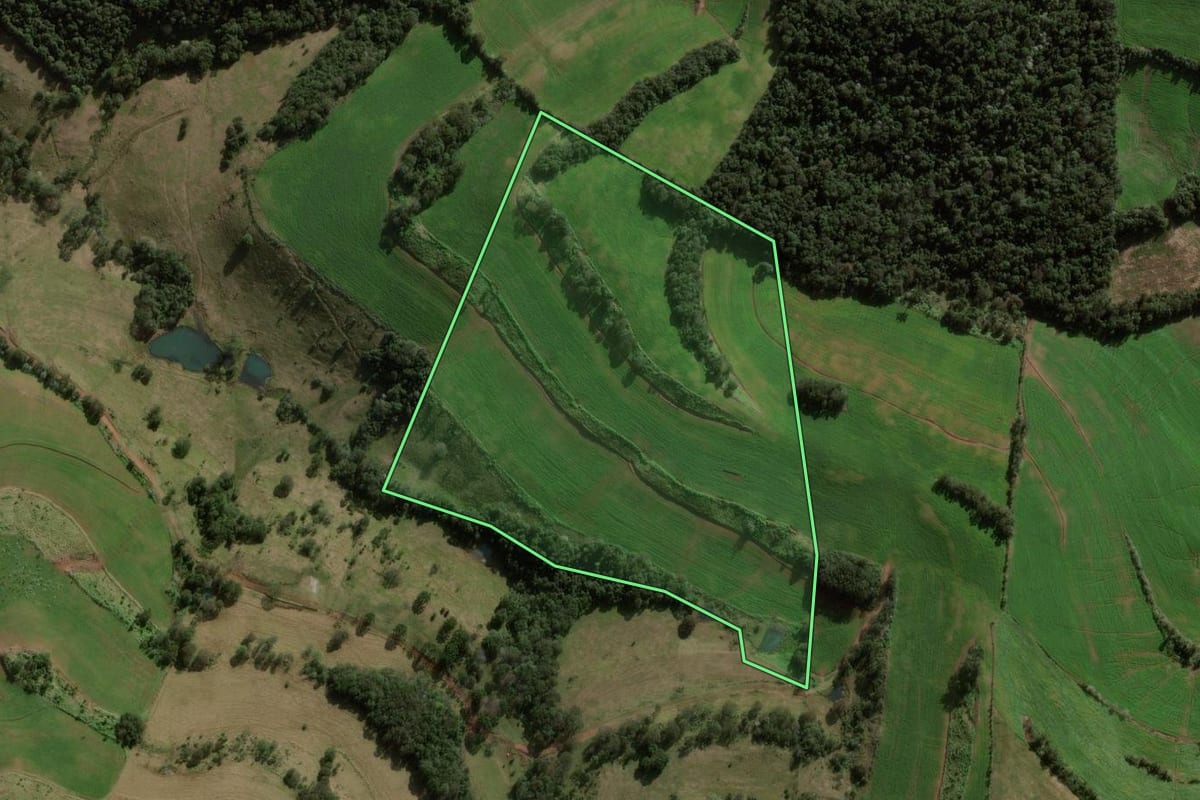 Imagem de satélite do imóvel rural em Galvão (SC), com o contorno declarado no CAR desenhado por cima.