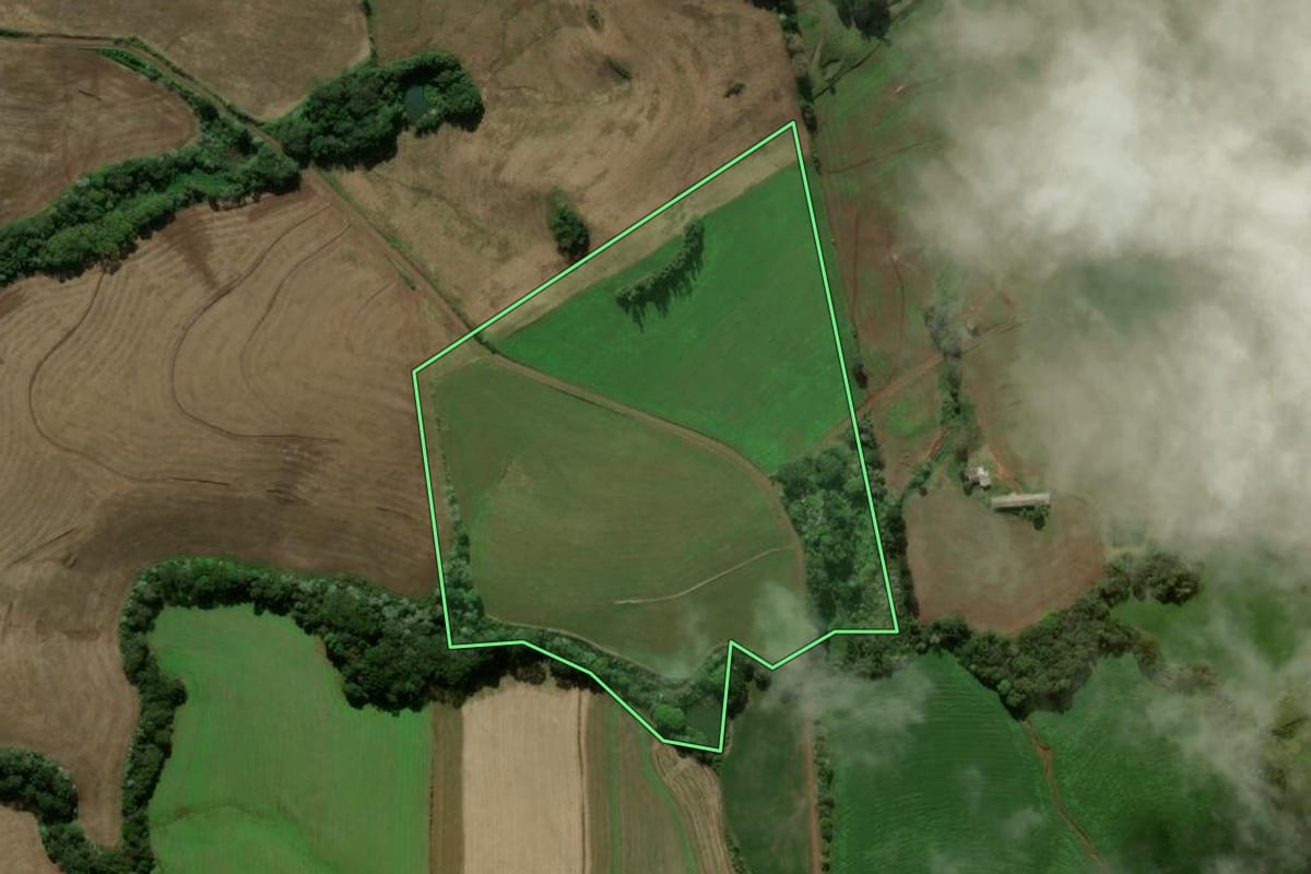 Imagem de satélite do imóvel rural em Galvão (SC), com o contorno declarado no CAR desenhado por cima.