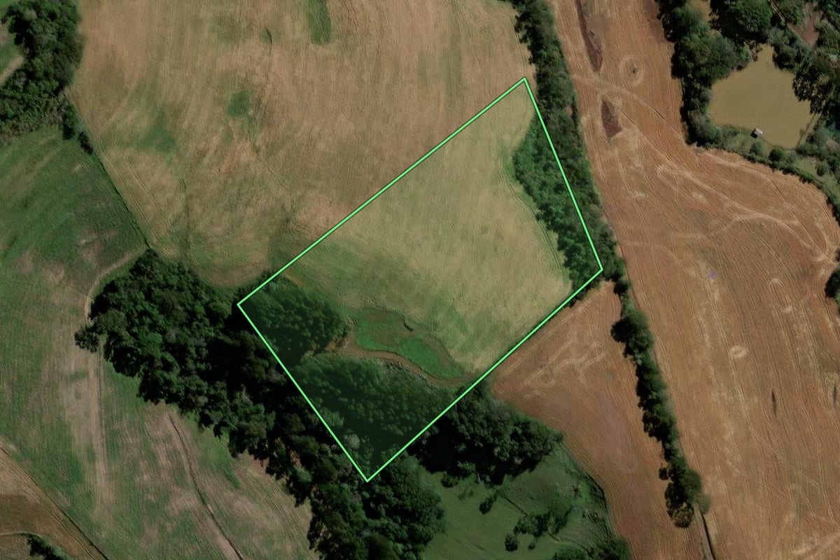 Imagem de satélite do imóvel rural em Galvão (SC), com o contorno declarado no CAR desenhado por cima.