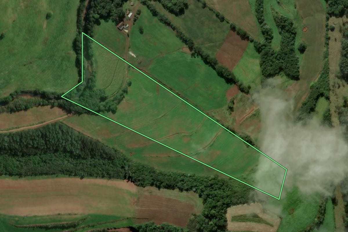 Imagem de satélite do imóvel rural em Galvão (SC), com o contorno declarado no CAR desenhado por cima.