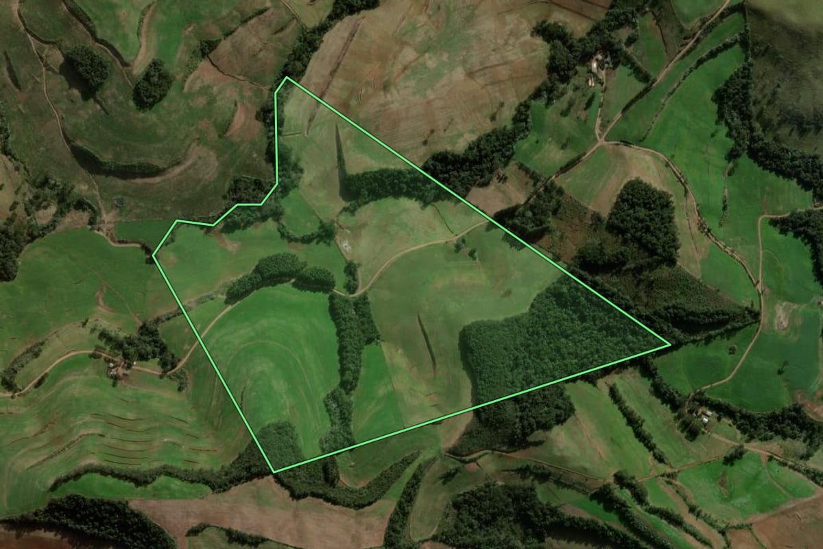 Imagem de satélite do imóvel rural em Galvão (SC), com o contorno declarado no CAR desenhado por cima.