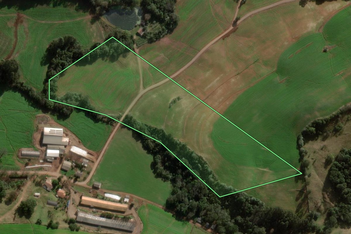 Imagem de satélite do imóvel rural em Galvão (SC), com o contorno declarado no CAR desenhado por cima.