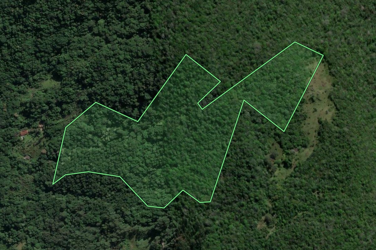 Imagem de satélite do imóvel rural em Garopaba (SC), com o contorno declarado no CAR desenhado por cima.