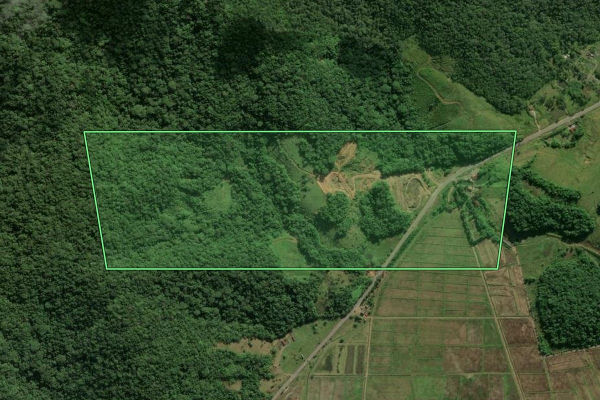Imagem de satélite do imóvel rural em Garuva (SC), com o contorno declarado no CAR desenhado por cima.