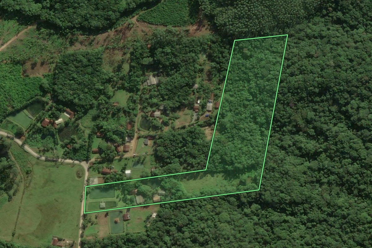 Imagem de satélite do imóvel rural em Garuva (SC), com o contorno declarado no CAR desenhado por cima.