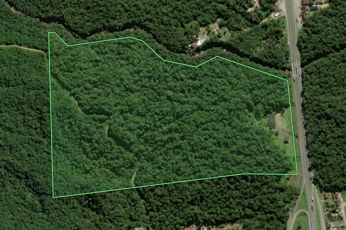 Imagem de satélite do imóvel rural em Garuva (SC), com o contorno declarado no CAR desenhado por cima.