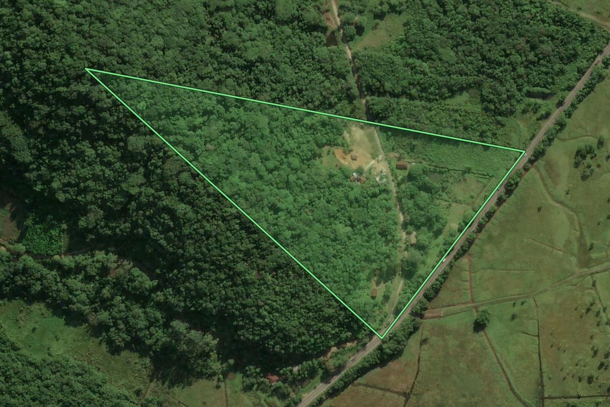 Imagem de satélite do imóvel rural em Garuva (SC), com o contorno declarado no CAR desenhado por cima.