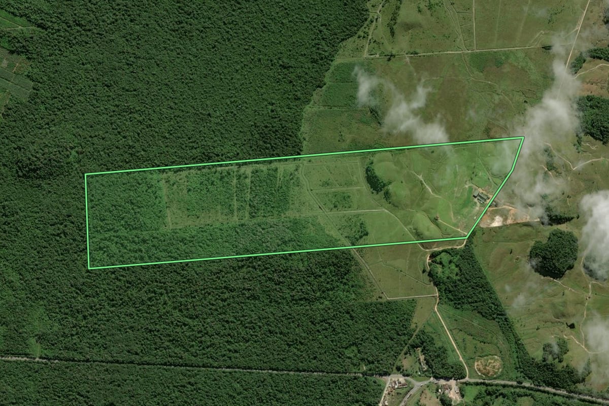 Imagem de satélite do imóvel rural em Garuva (SC), com o contorno declarado no CAR desenhado por cima.