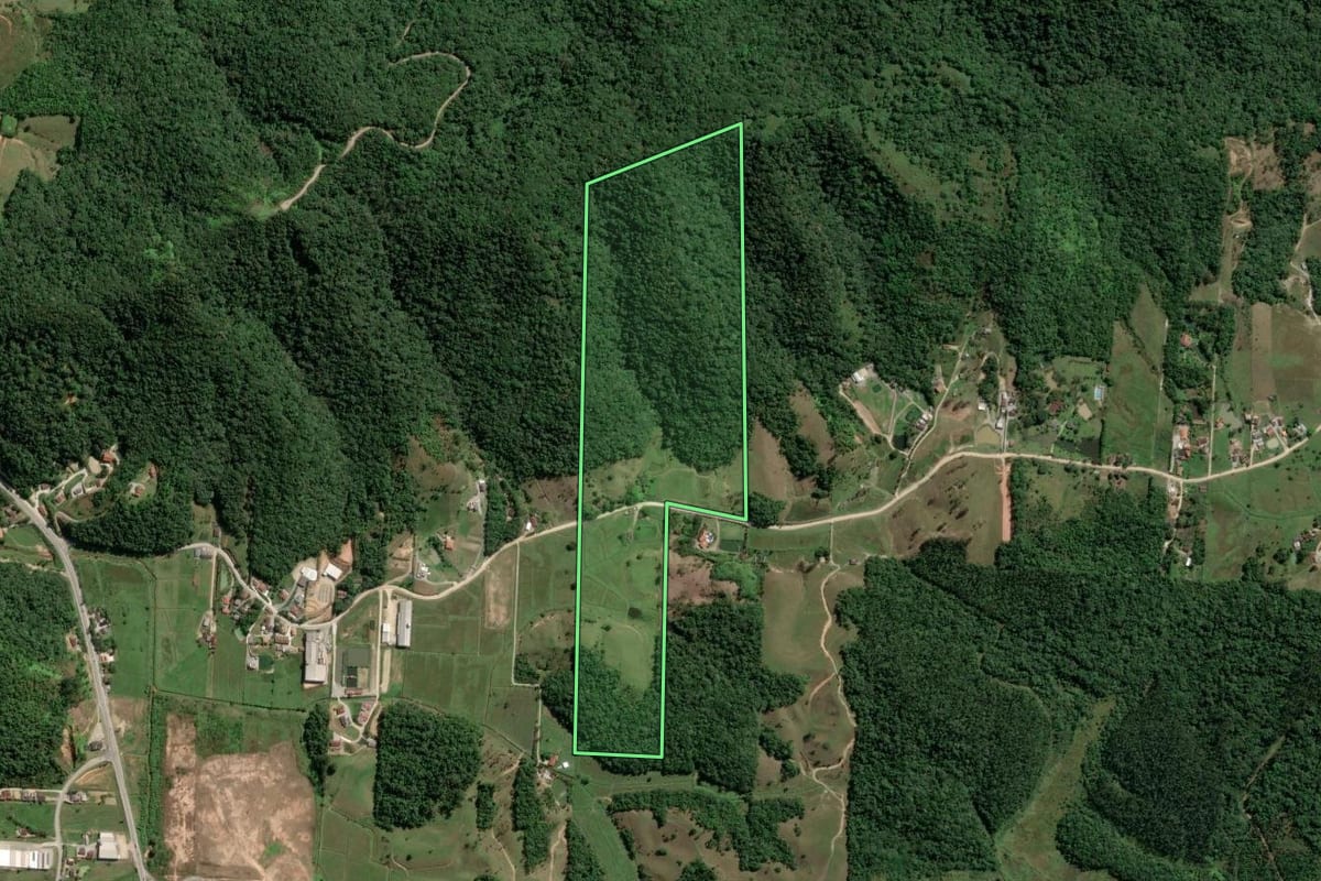 Imagem de satélite do imóvel rural em Gaspar (SC), com o contorno declarado no CAR desenhado por cima.