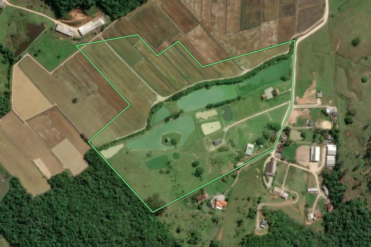 Imagem de satélite do imóvel rural em Gaspar (SC), com o contorno declarado no CAR desenhado por cima.