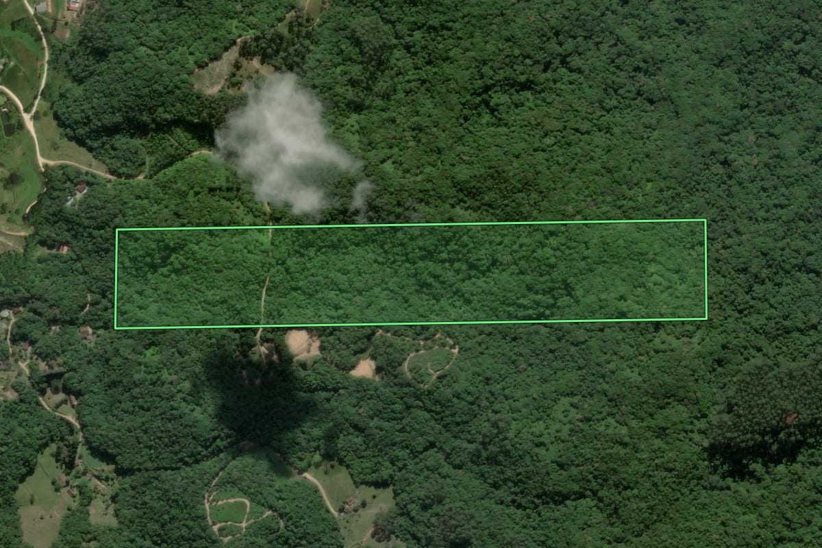 Imagem de satélite do imóvel rural em Gaspar (SC), com o contorno declarado no CAR desenhado por cima.