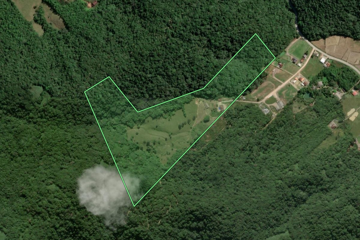 Imagem de satélite do imóvel rural em Gaspar (SC), com o contorno declarado no CAR desenhado por cima.