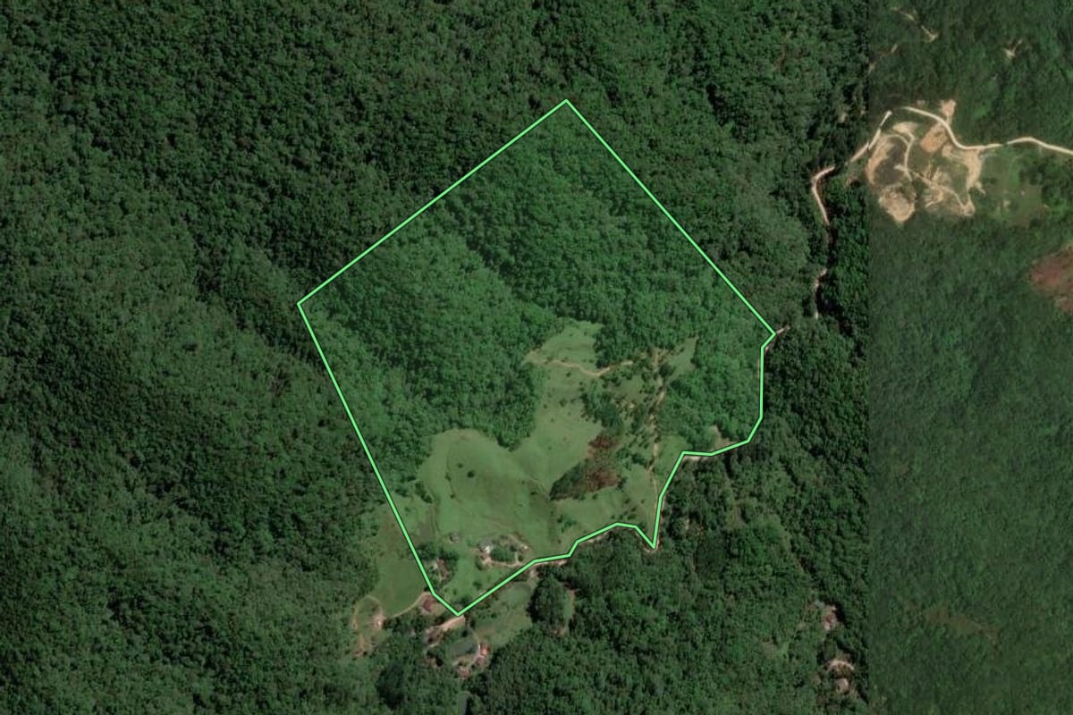 Imagem de satélite do imóvel rural em Gaspar (SC), com o contorno declarado no CAR desenhado por cima.