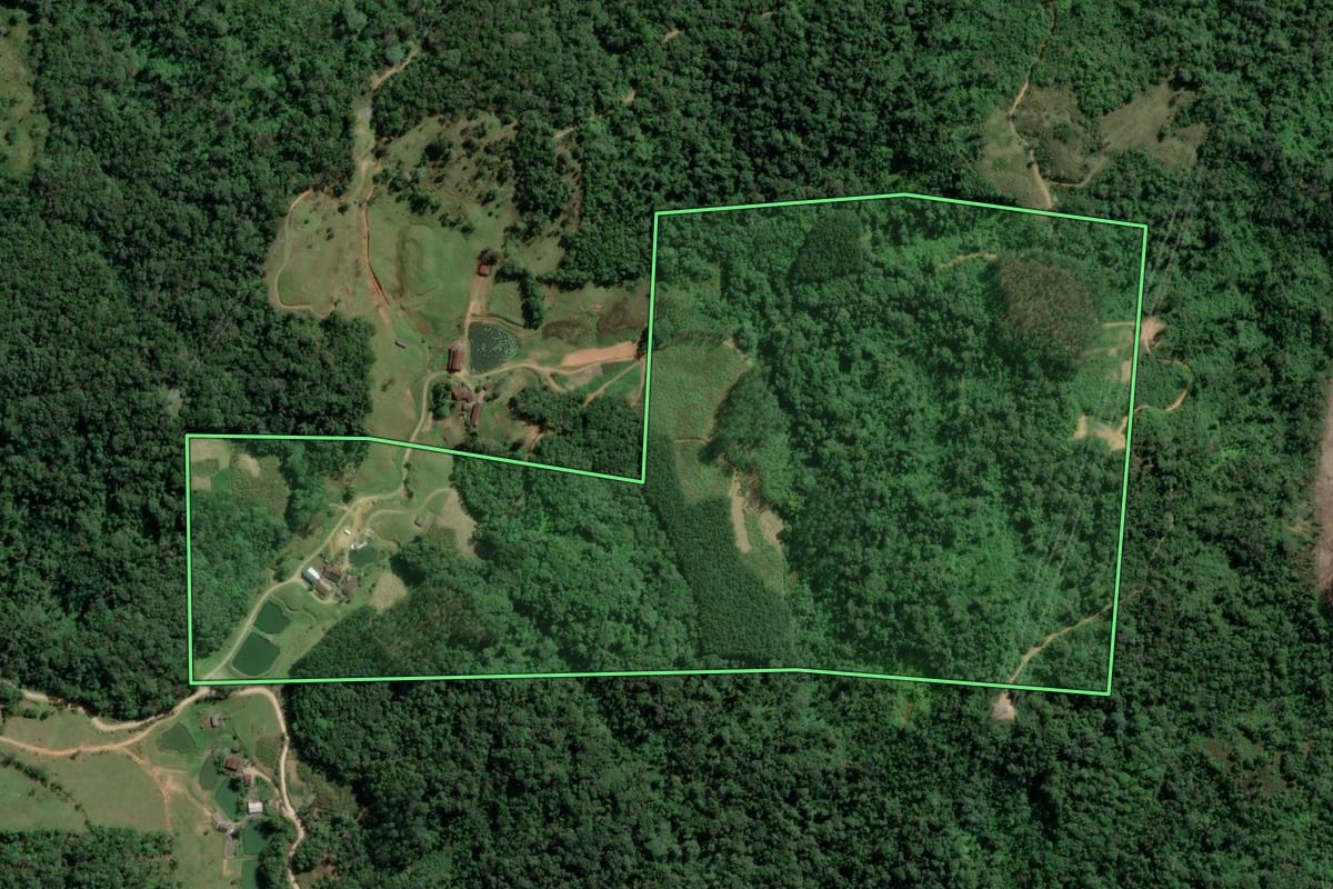 Imagem de satélite do imóvel rural em Gaspar (SC), com o contorno declarado no CAR desenhado por cima.