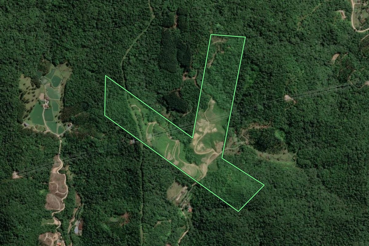 Imagem de satélite do imóvel rural em Gaspar (SC), com o contorno declarado no CAR desenhado por cima.