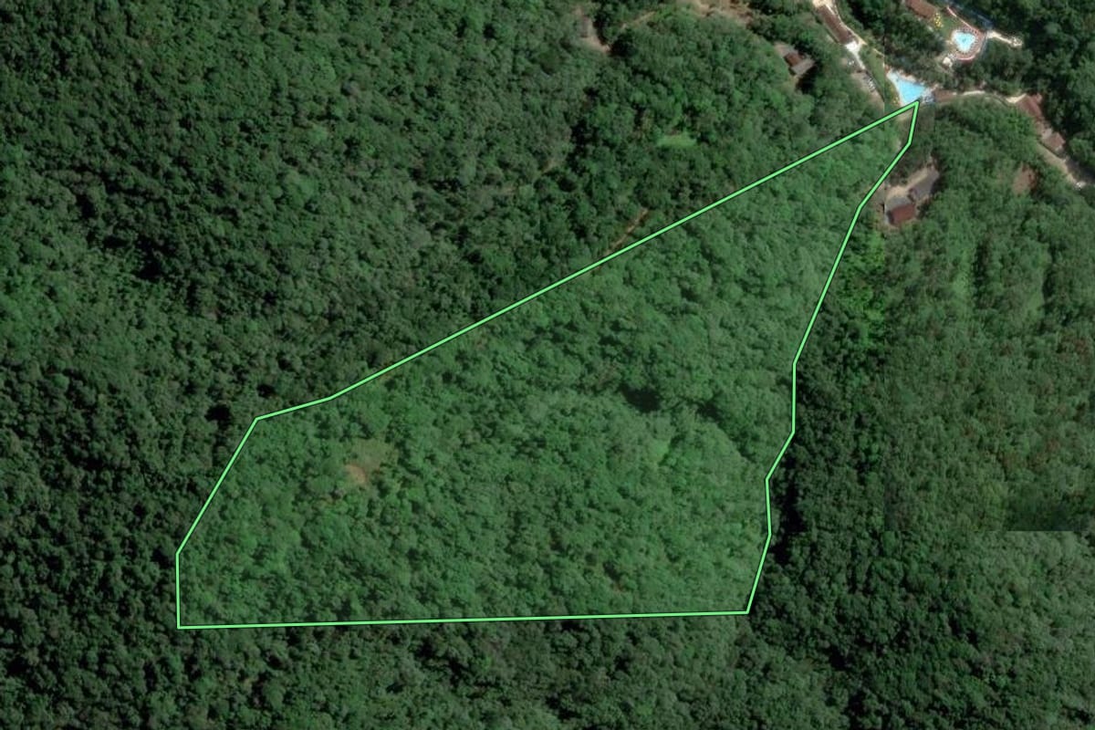 Imagem de satélite do imóvel rural em Gaspar (SC), com o contorno declarado no CAR desenhado por cima.