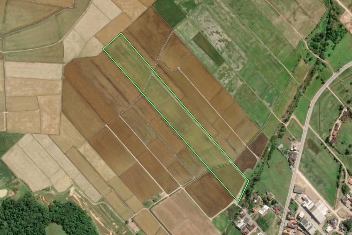 Imagem de satélite do imóvel rural em Gaspar (SC), com o contorno declarado no CAR desenhado por cima.