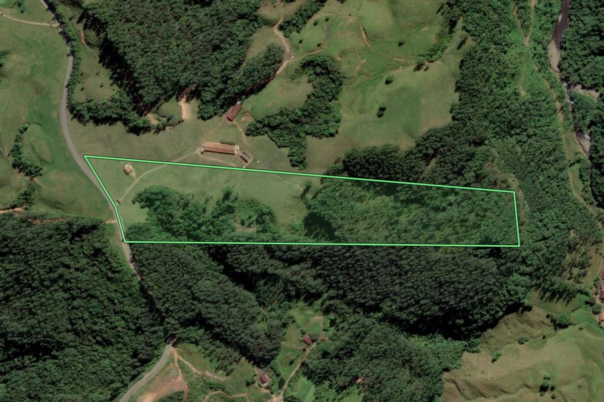 Imagem de satélite do imóvel rural em Grão-Pará (SC), com o contorno declarado no CAR desenhado por cima.