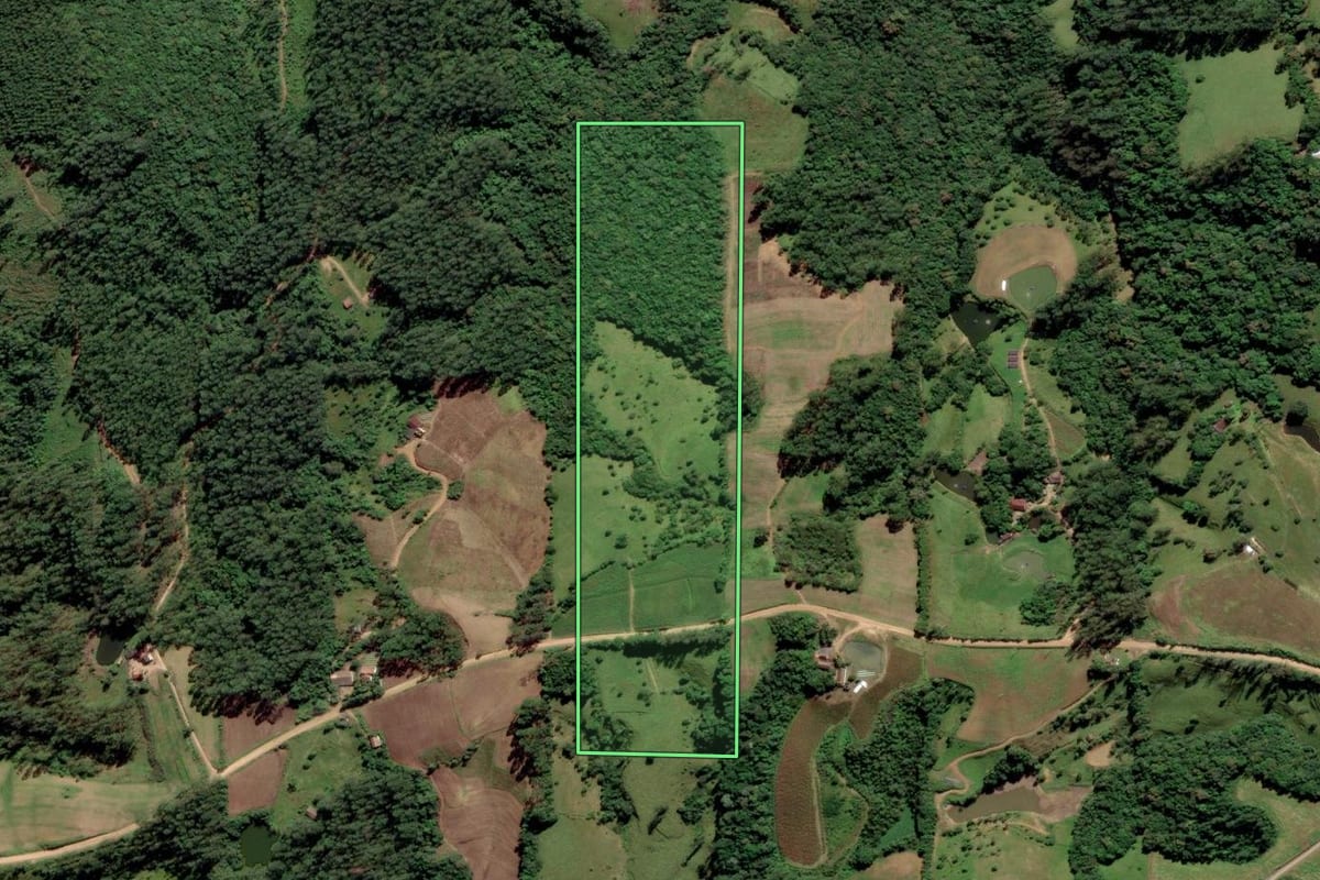 Imagem de satélite do imóvel rural em Grão-Pará (SC), com o contorno declarado no CAR desenhado por cima.