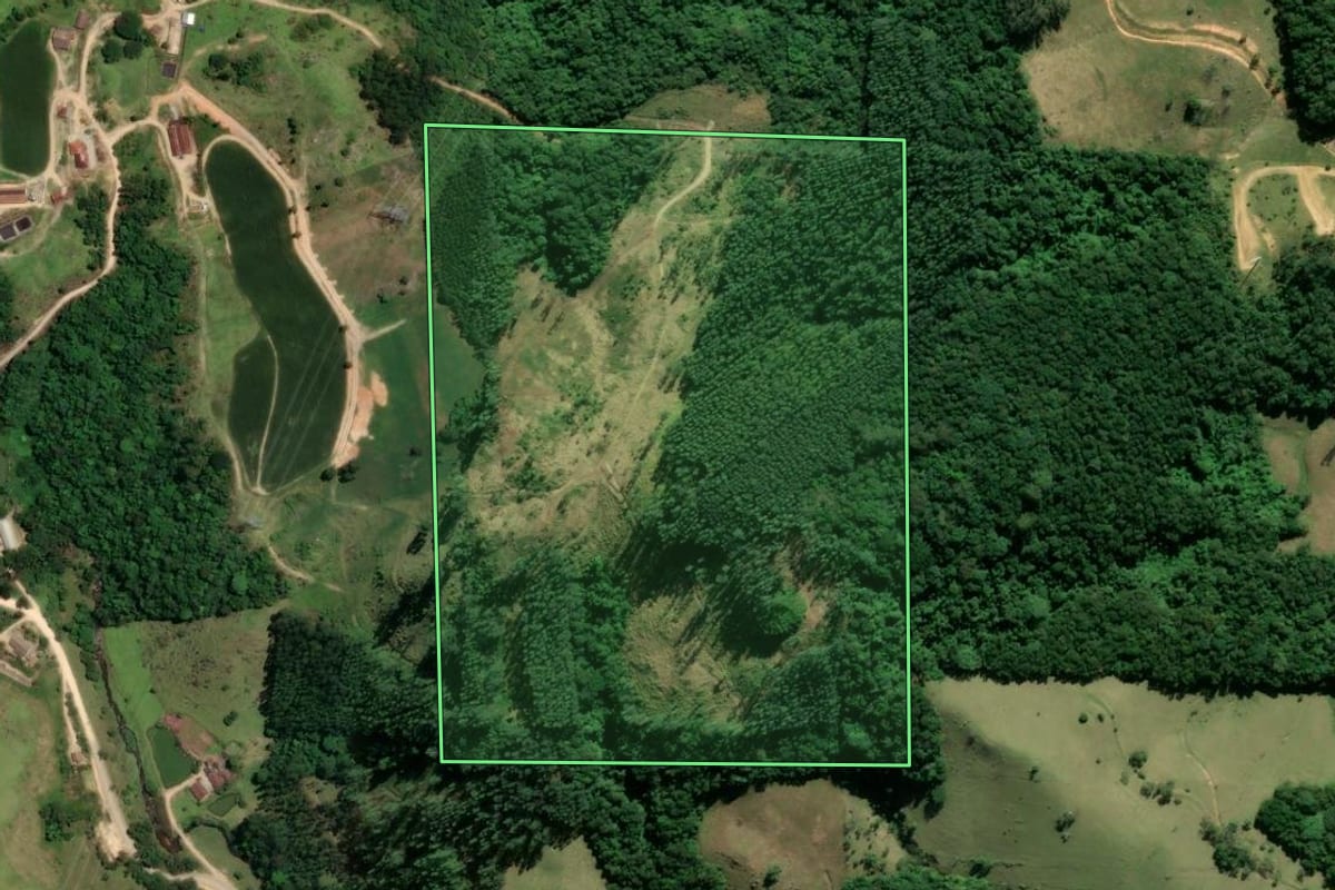 Imagem de satélite do imóvel rural em Grão-Pará (SC), com o contorno declarado no CAR desenhado por cima.