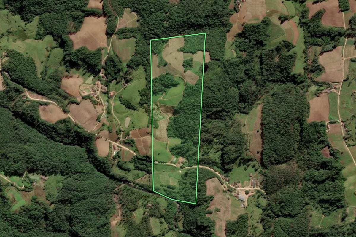 Imagem de satélite do imóvel rural em Grão-Pará (SC), com o contorno declarado no CAR desenhado por cima.