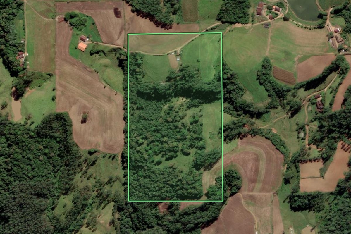 Imagem de satélite do imóvel rural em Grão-Pará (SC), com o contorno declarado no CAR desenhado por cima.