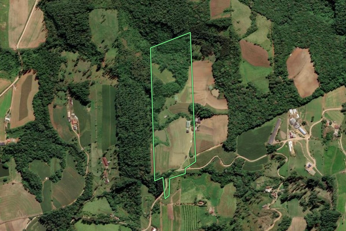 Imagem de satélite do imóvel rural em Grão-Pará (SC), com o contorno declarado no CAR desenhado por cima.