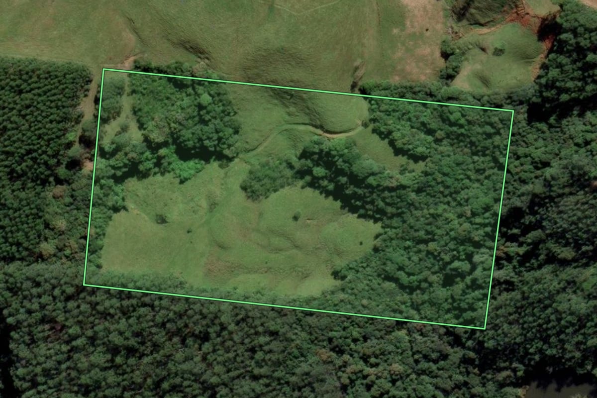 Imagem de satélite do imóvel rural em Grão-Pará (SC), com o contorno declarado no CAR desenhado por cima.