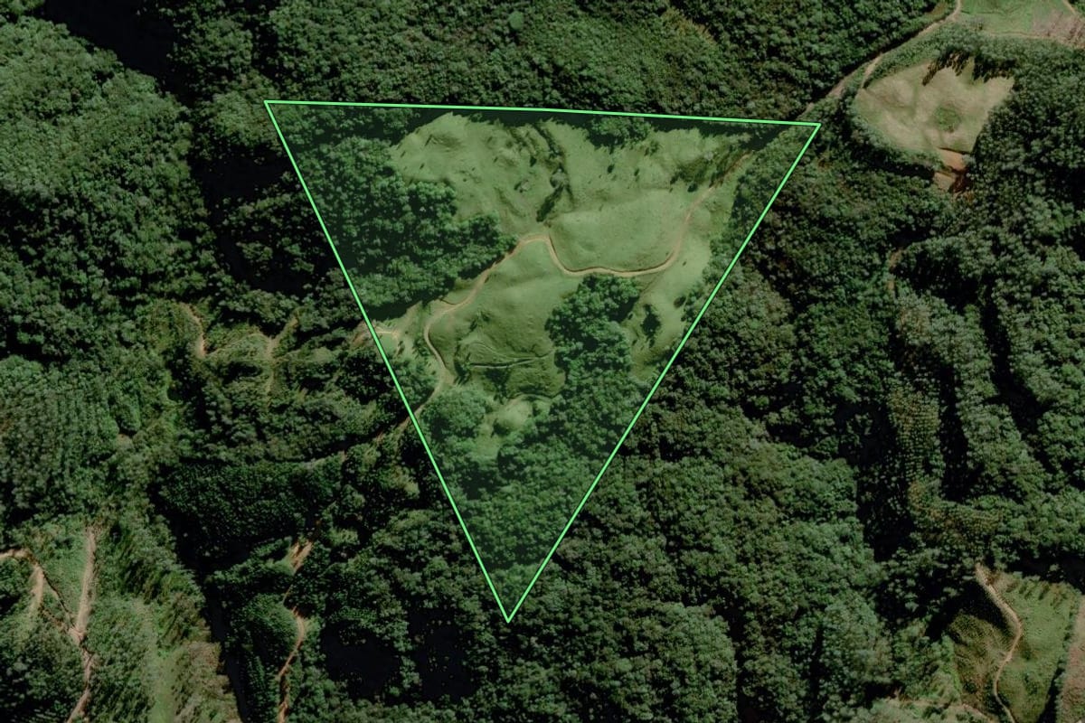 Imagem de satélite do imóvel rural em Grão-Pará (SC), com o contorno declarado no CAR desenhado por cima.