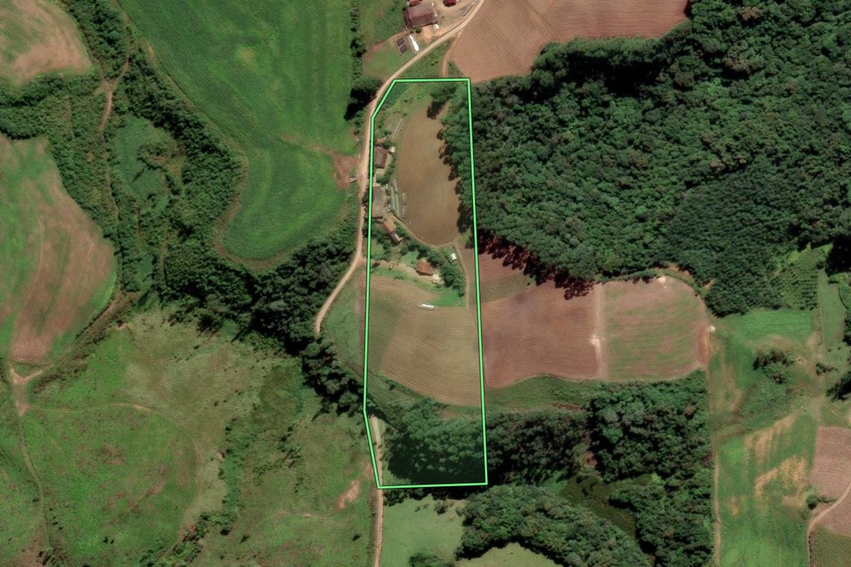 Imagem de satélite do imóvel rural em Grão-Pará (SC), com o contorno declarado no CAR desenhado por cima.