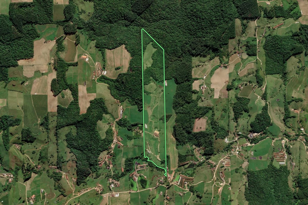 Imagem de satélite do imóvel rural em Grão-Pará (SC), com o contorno declarado no CAR desenhado por cima.