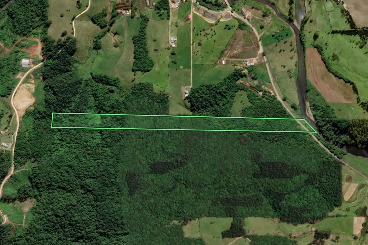 Imagem de satélite do imóvel rural em Grão-Pará (SC), com o contorno declarado no CAR desenhado por cima.