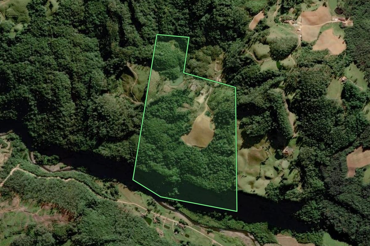 Imagem de satélite do imóvel rural em Grão-Pará (SC), com o contorno declarado no CAR desenhado por cima.