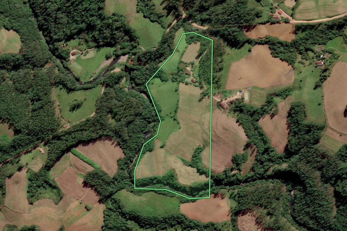 Imagem de satélite do imóvel rural em Grão-Pará (SC), com o contorno declarado no CAR desenhado por cima.