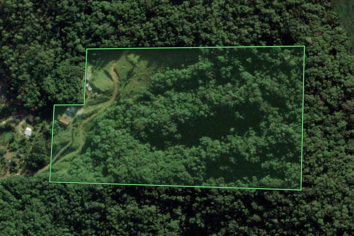 Imagem de satélite do imóvel rural em Guabiruba (SC), com o contorno declarado no CAR desenhado por cima.