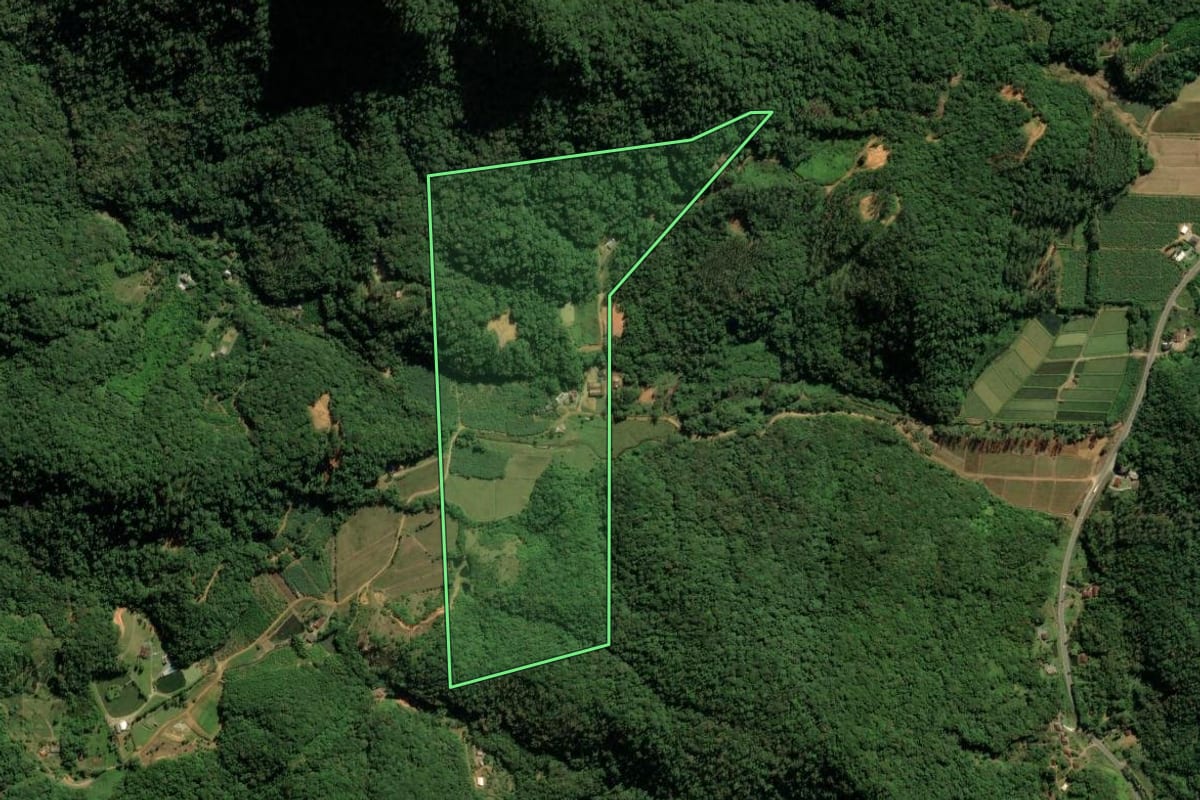Imagem de satélite do imóvel rural em Guaramirim (SC), com o contorno declarado no CAR desenhado por cima.