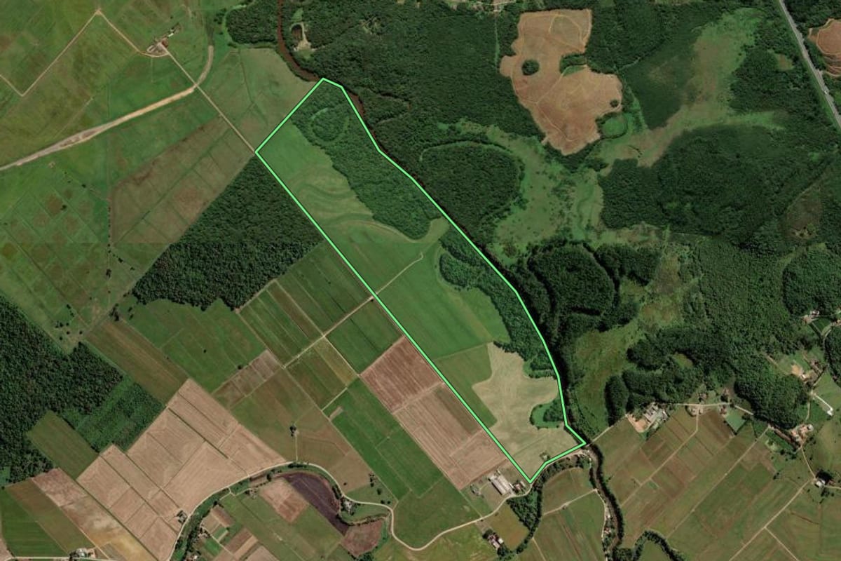 Imagem de satélite do imóvel rural em Guaramirim (SC), com o contorno declarado no CAR desenhado por cima.