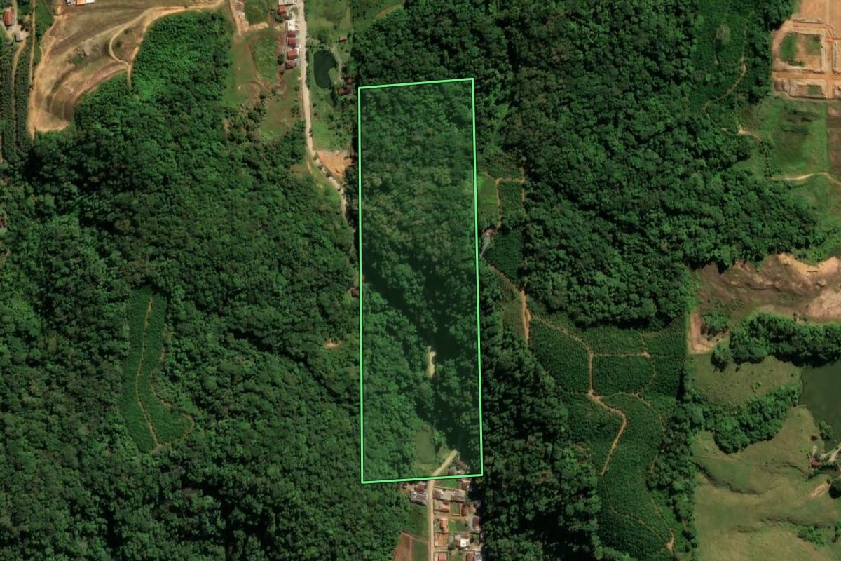 Imagem de satélite do imóvel rural em Guaramirim (SC), com o contorno declarado no CAR desenhado por cima.