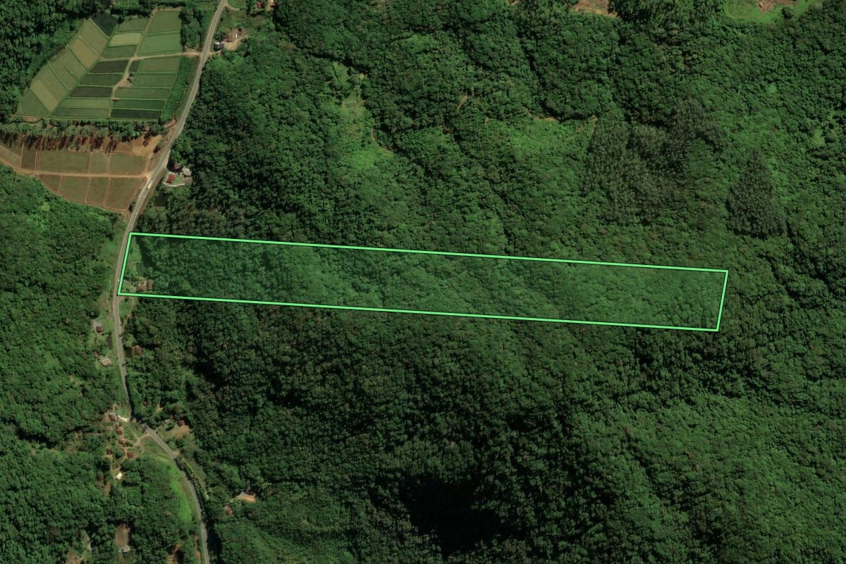Imagem de satélite do imóvel rural em Guaramirim (SC), com o contorno declarado no CAR desenhado por cima.