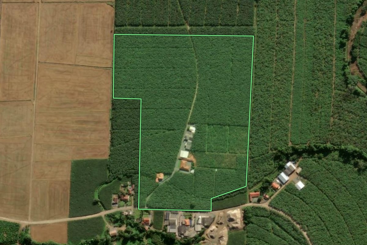 Imagem de satélite do imóvel rural em Guaramirim (SC), com o contorno declarado no CAR desenhado por cima.