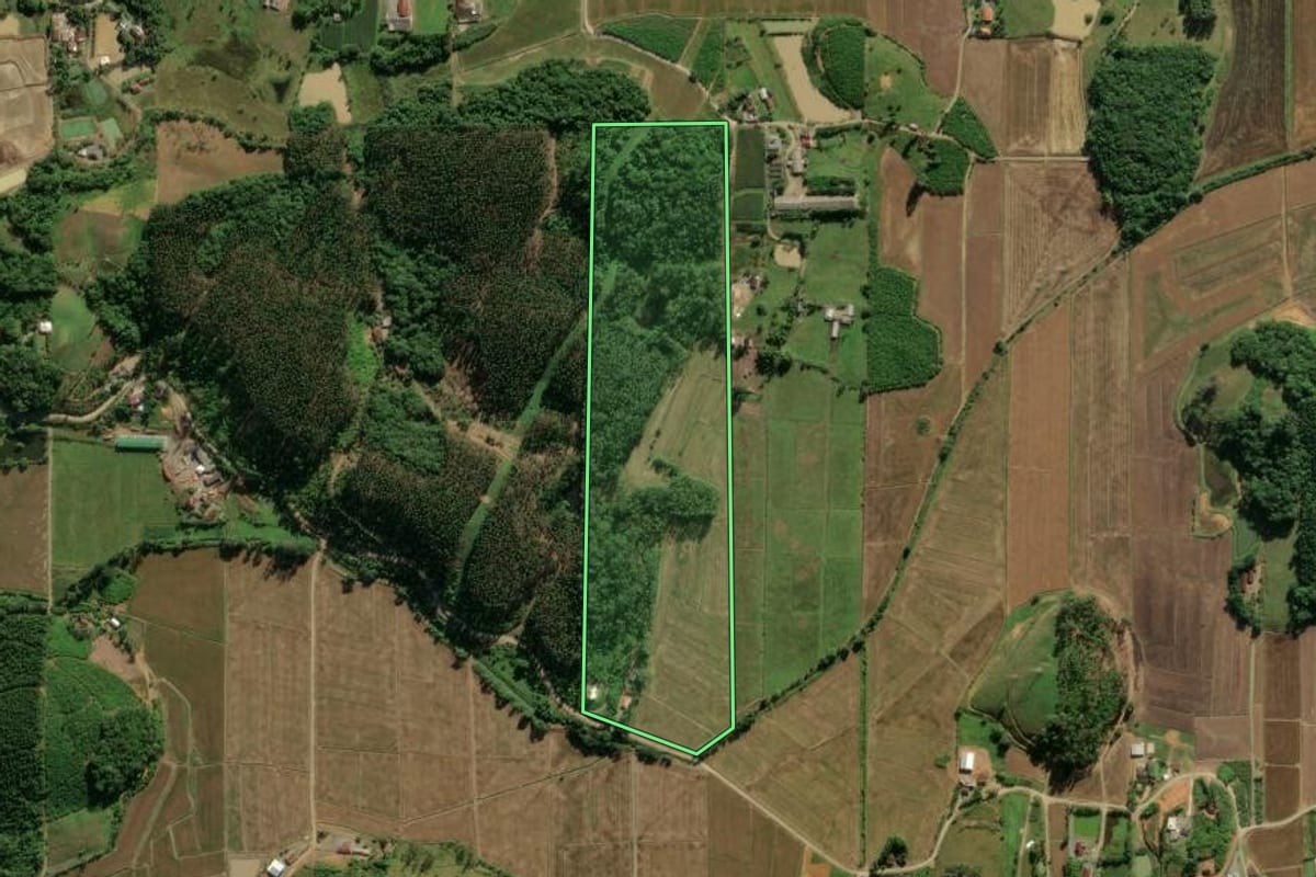 Imagem de satélite do imóvel rural em Guaramirim (SC), com o contorno declarado no CAR desenhado por cima.